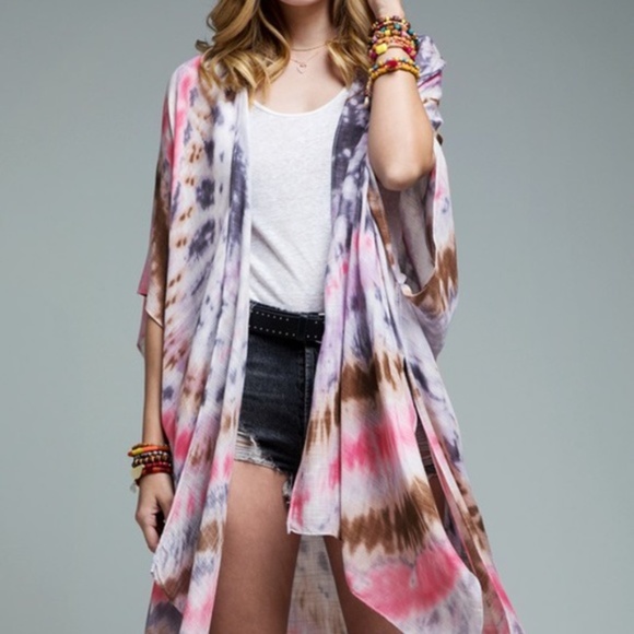 Bohemian Tie Dye Kimono Pink White Cover up - Picture 4 of 11